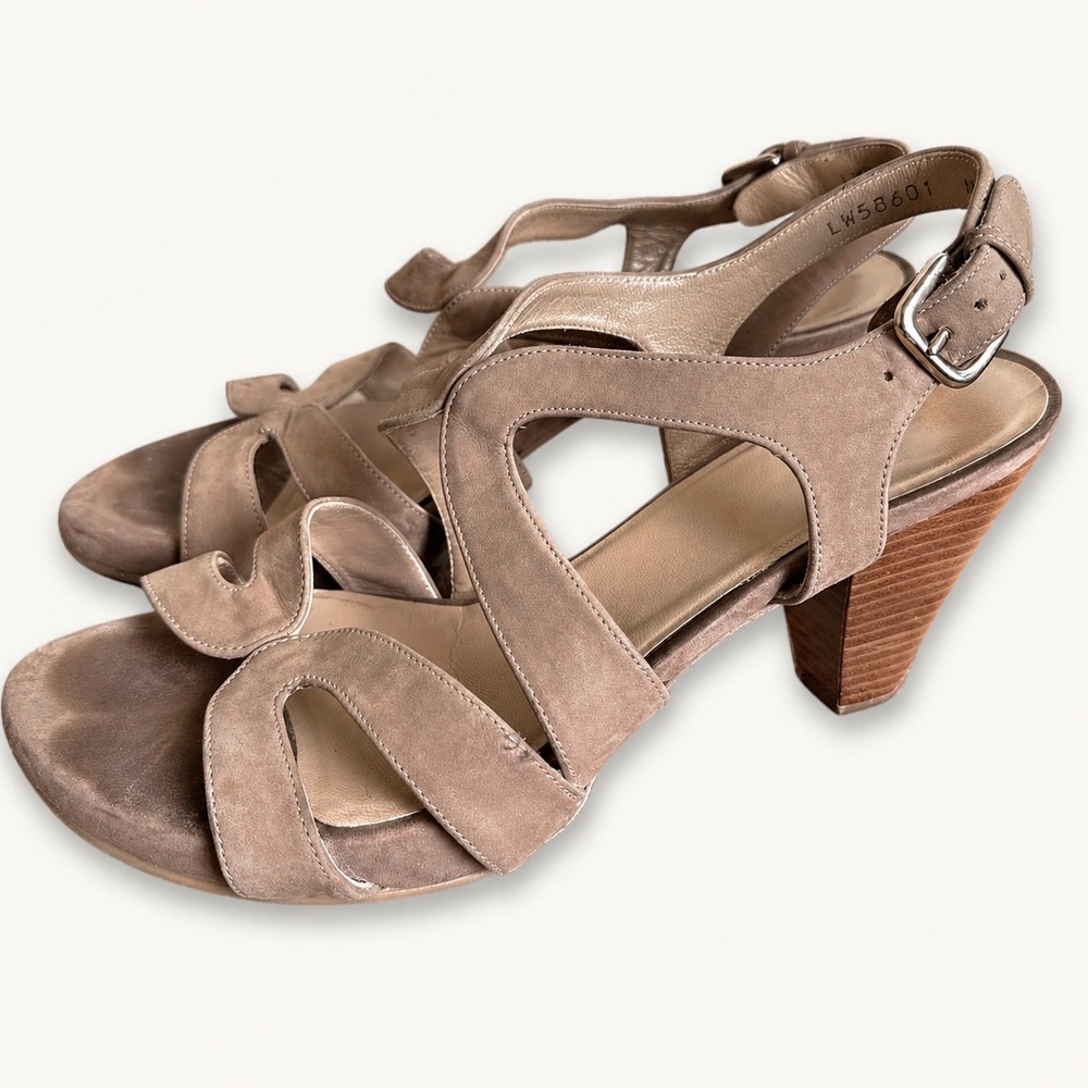 Stuart Weitzman 9 Tan Leather Cone Heeled Cage Ankle Strap Sandals Neutral